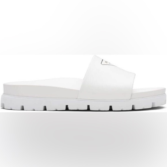 Prada Men’s silkscreen logo print slides sandals White leather New US 12 & 12.5 - Picture 7 of 14